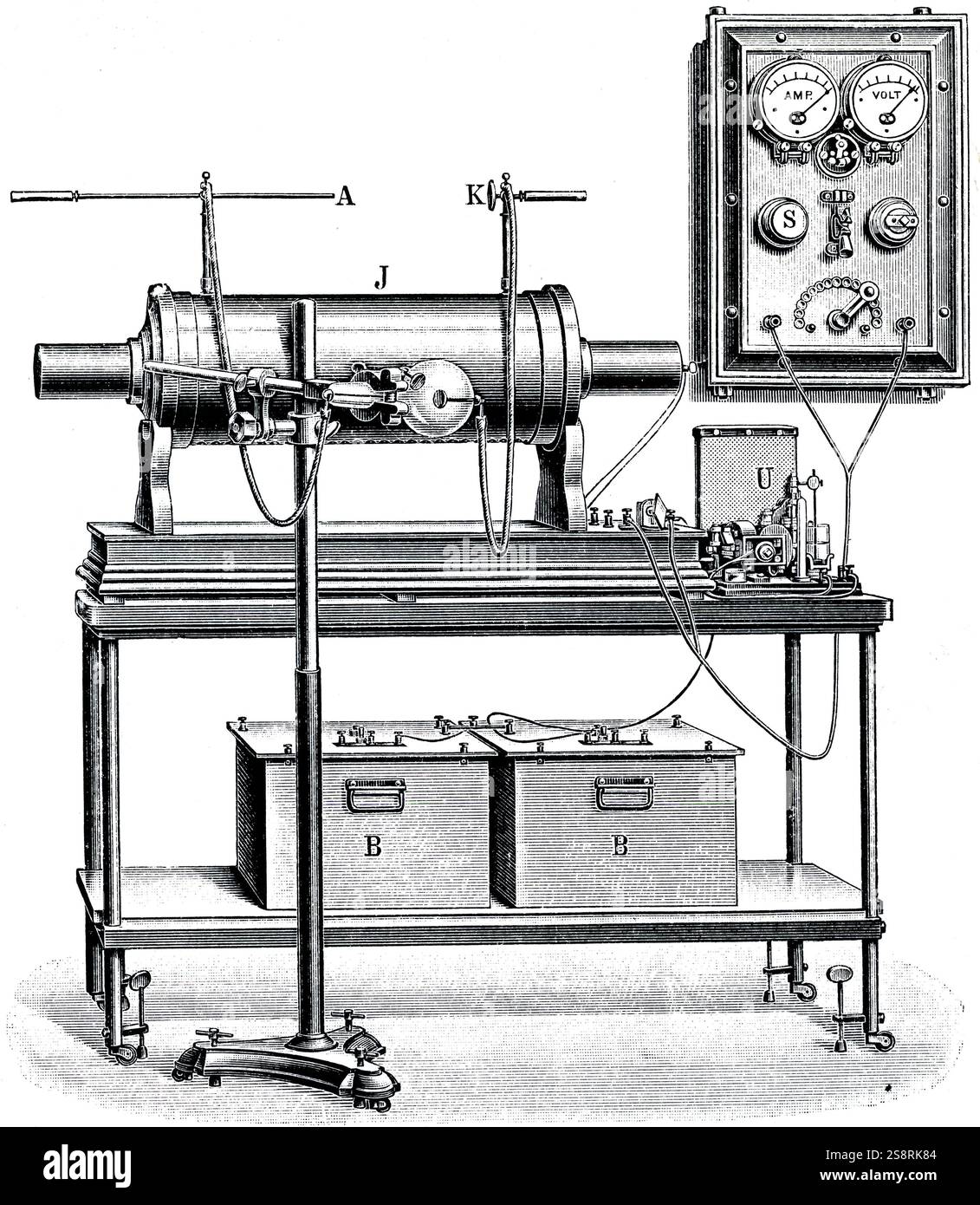 Incisione raffigurante una vista generale dei primi raggi x apparato alimentato da cellule umide. In data xx secolo Foto Stock