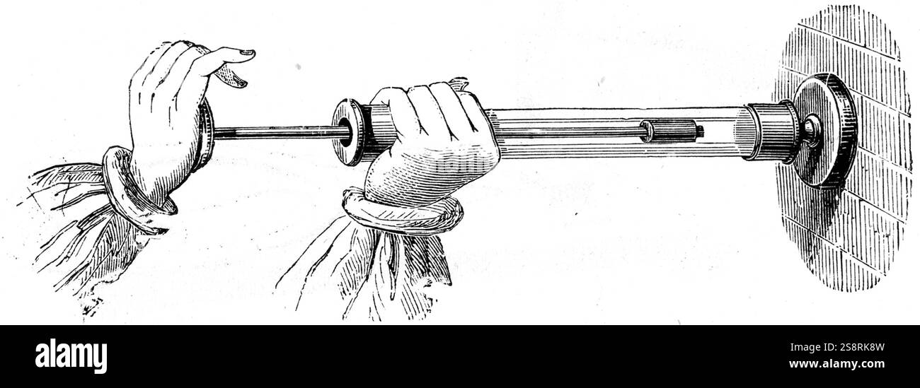 Incisione raffigurante la produzione di calore mediante compressione. Un pezzo di tinder è collocata in una cavità nella parte inferiore della siringa pneumatica. Quando lo stantuffo è improvvisamente premuto abbastanza calore viene generato per incendiare il tinder. Datata del XIX secolo Foto Stock