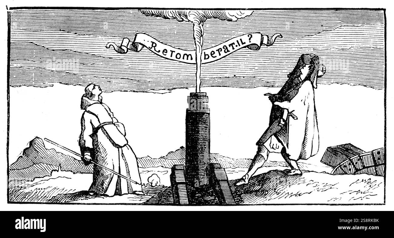 Incisione raffigurante Marin Mersenne eseguendo un esperimento per dimostrare la rotazione della terra : sfera sparato dal cannone verticale non è caduta verso il basso la canna. Marin Mersenne (1588-1648) un teologo francese, filosofo, matematico e teorico musicale. Risalenti al XVII secolo Foto Stock