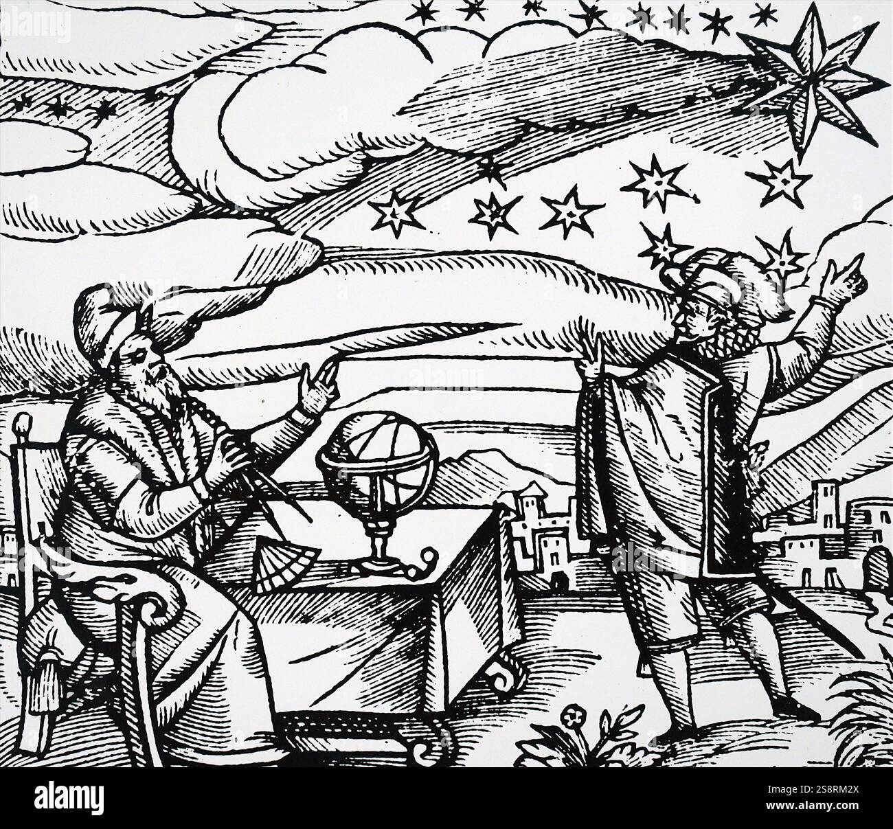 Incisione raffigurante la grande cometa del 1596. Datata XVI Secolo Foto Stock