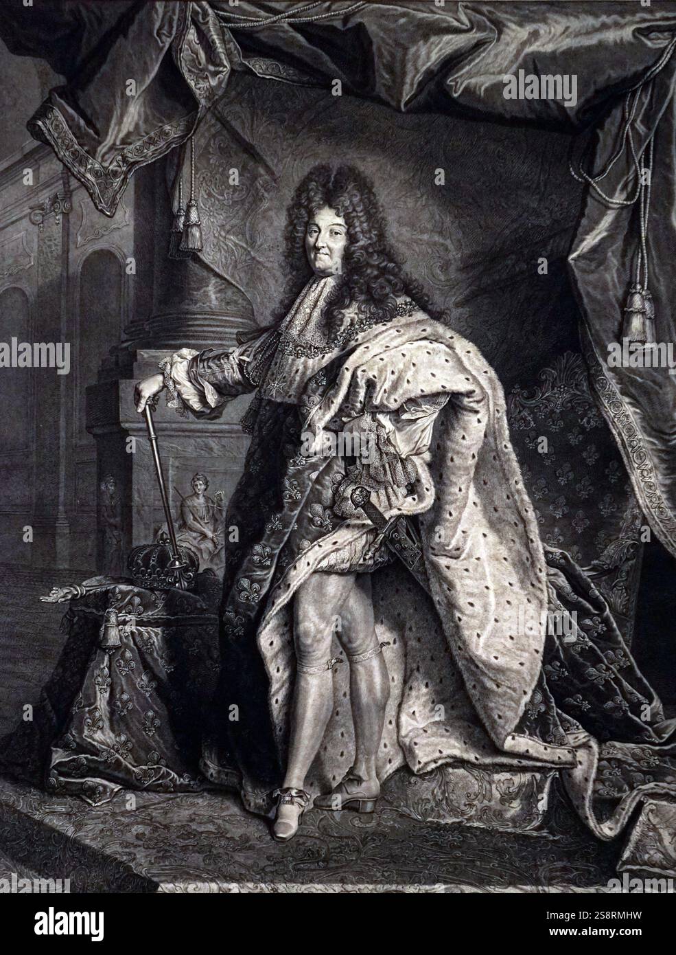 Incisi ritratto di Re Luigi XIV (1638-1715) da Pierre Drevet (1663-1738) un artista francese ed incisore. Datata xviii secolo Foto Stock