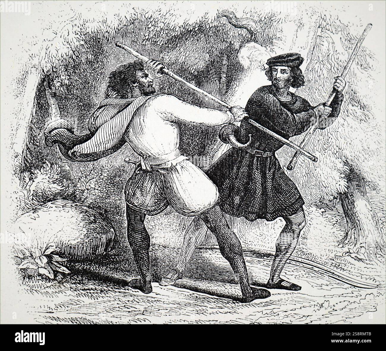 Illustrazione raffigurante Robin Hood, eroico fuorilegge in inglese folklore che secondo la leggenda è stata altamente qualificato archer spadaccino e. Datato xiv secolo Foto Stock