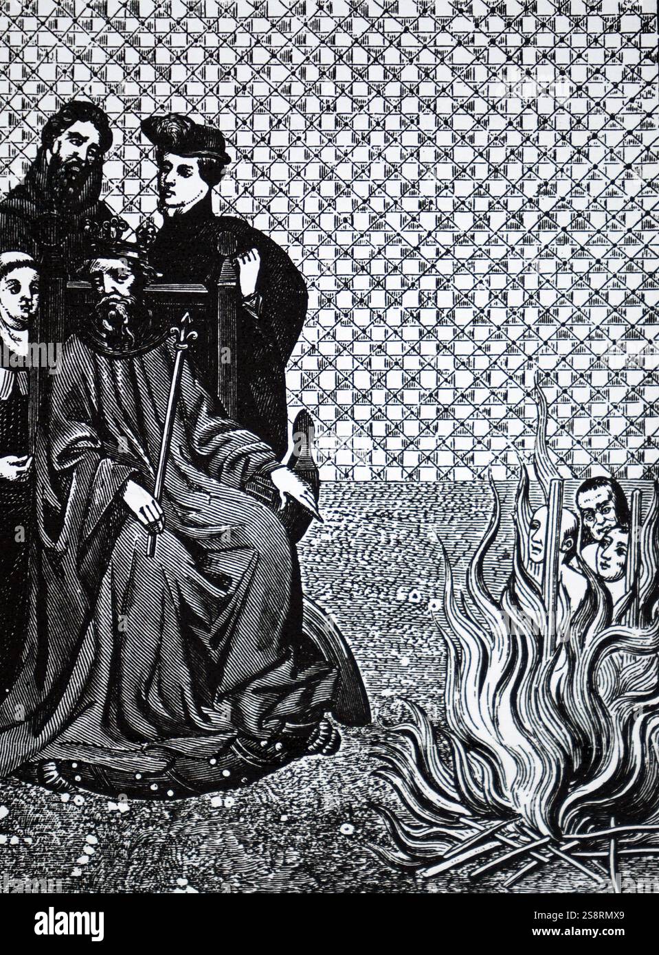 Incisione raffigurante Filippo II di Francia che condanna i discepoli del teologo francese Amaury (Almaricus) per essere bruciato vivo per eresia. Filippo II di Francia (1165-1223) noto come Filippo Augusto, era il re di Francia e da un membro della casa di Capet. Datato xiv secolo Foto Stock