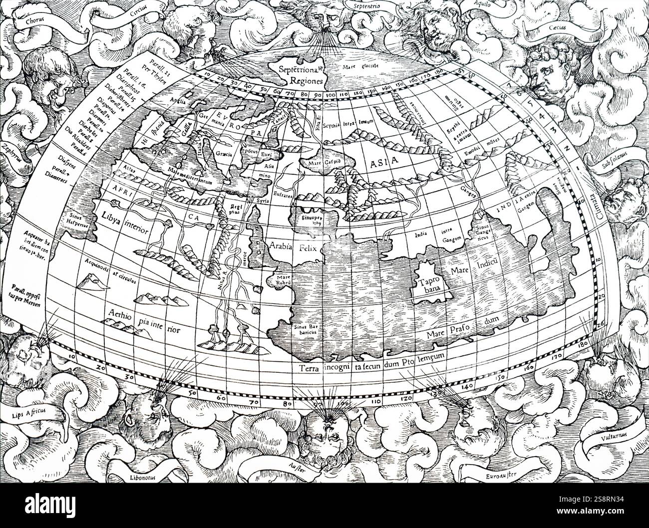 Tolomeo di Alessandria la mappa del mondo allora conosciuto Claudio Tolomeo (100-168) era un matematico greco-romana, astronomo, geografo, astrologo e poeta. Datata del XIX secolo Foto Stock