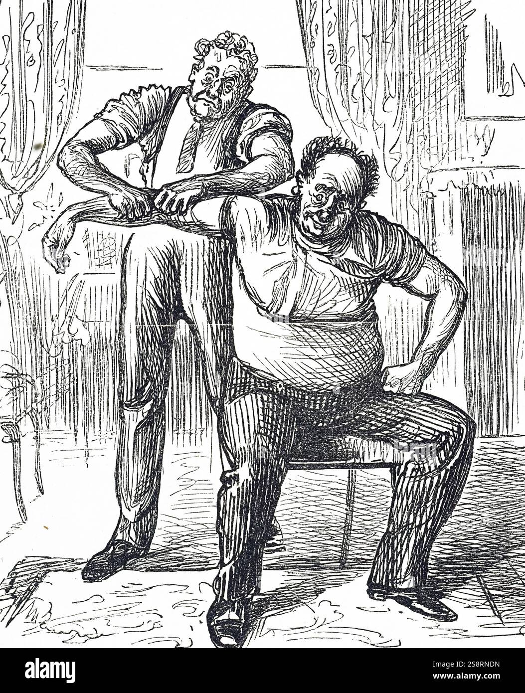 Illustrazione raffigurante un medico della valutazione di un paziente che si sta riprendendo da un braccio rotto. Datata del XIX secolo Foto Stock