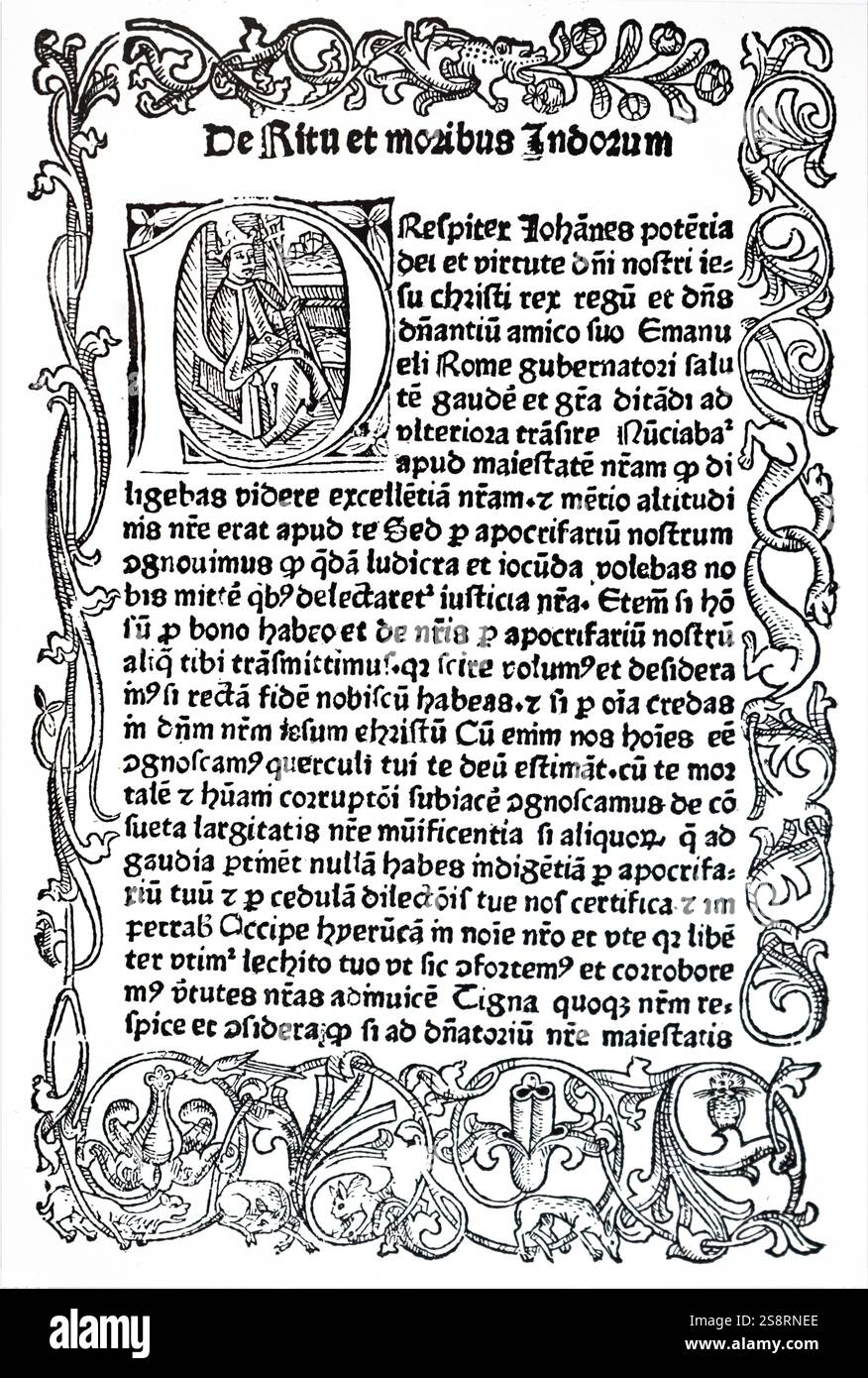 Manoscritto illuminato raffiguranti Prester John. Prester John è un leggendario patriarca cristiano e re popolare nella comunità cronache e tradizione. Datata xv secolo Foto Stock