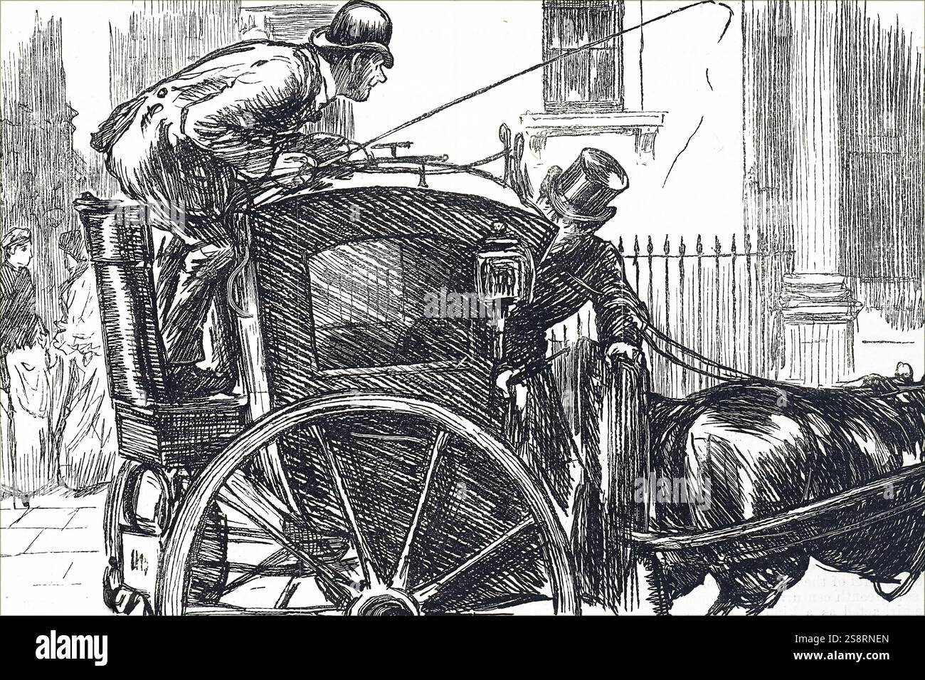 Illustrazione raffigurante un inizio di Hackney carrello, che mostra la posizione del conducente dietro e si affaccia sul sedile del passeggero. Datata del XIX secolo Foto Stock