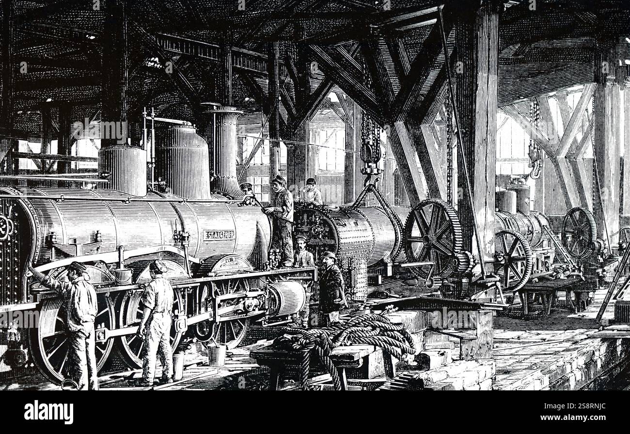 Incisione raffigurante il piano di fabbricazione della Société Alsacienne de mécaniques costruzioni. La Société Alsacienne de costruzioni Mécaniques [Alsaziano corporation di ingegneria meccanica] è una società di ingegneria con sede a Mulhouse, Alsazia che produceva locomotive ferroviarie. Datata del XIX secolo Foto Stock