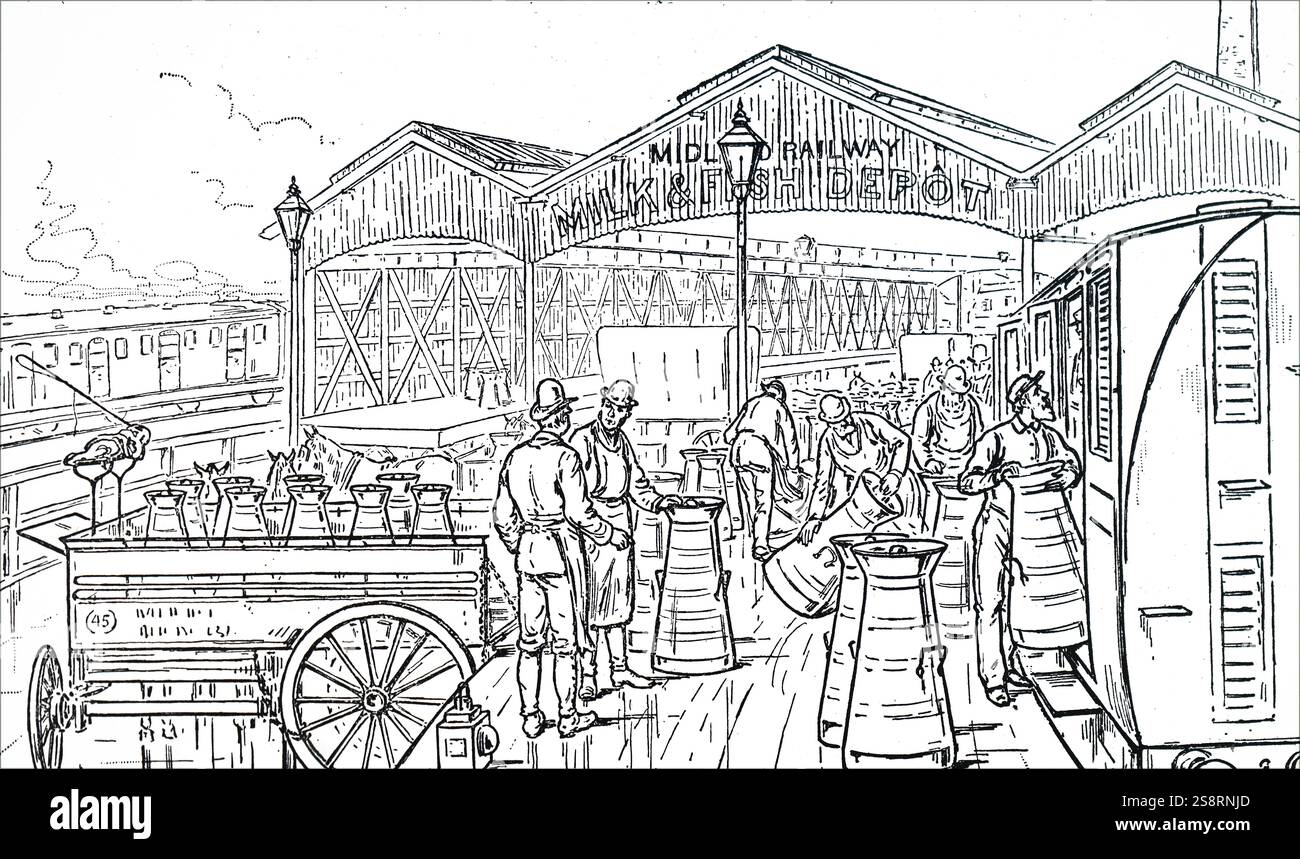 Illustrazione raffigurante un treno di latte venga scaricato a St Pancras stazione ferroviaria, Londra. L'epidemia di peste bovina nel 1865 tra mucche tenute in città cantine e cortili, e la successiva introduzione di ispezione veterinaria ha creato un'opportunità per le ferrovie per trasportare il latte fresco dalla campagna in città. Da 1889 54 milioni di galloni per anno venivano portati a Londra per ferrovia. Datata del XIX secolo Foto Stock