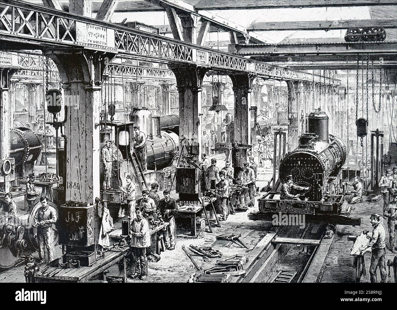 Incisione raffigurante il piano di fabbricazione della Société Alsacienne de mécaniques costruzioni. La Société Alsacienne de costruzioni Mécaniques [Alsaziano corporation di ingegneria meccanica] è una società di ingegneria con sede a Mulhouse, Alsazia che produceva locomotive ferroviarie. Datata del XIX secolo Foto Stock