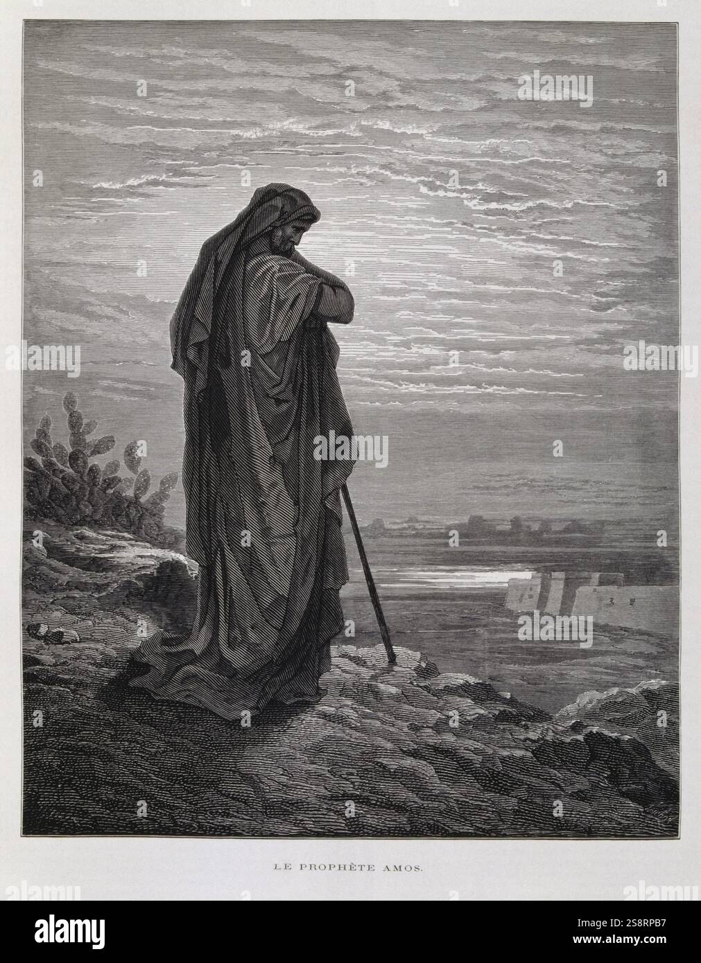 Il profeta Amos , illustrazione dal Dore la Bibbia 1866. Nel 1866, l'artista francese e illustrator Gustave Doré (1832-1883), ha pubblicato una serie di 241 incisioni in legno per una nuova edizione deluxe del 1843 traduzione francese di Biblia Vulgata, popolarmente conosciuta come la Bibbia de Tours. Questa nuova edizione è stata conosciuta come La grande Bibbia de Tours e le sue illustrazioni sono state un grande successo. Foto Stock