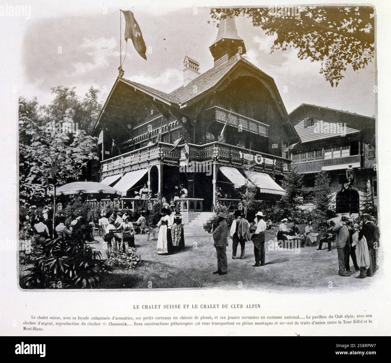 Esposizione Universelle (Fiera Mondiale) Parigi, 1900; l'esposizione Universelle del 1900, meglio conosciuta in inglese come esposizione di Parigi del 1900, è stata una fiera mondiale che si è tenuta a Parigi, in Francia, dal 14 aprile al 12 novembre 1900, per celebrare i risultati del secolo scorso e accelerare lo sviluppo nel prossimo. Lo stile che era universalmente presente nell'esposizione era Art Nouveau. La fiera, visitata da quasi 50 milioni di persone, ha mostrato molte innovazioni tecnologiche; fotografia in bianco e nero di uno chalet svizzero e di un club alpino che mostra gli oroscatori di Chamonix in un villaggio ricostruito. Foto Stock Esposizione Universelle (Fiera Mondiale) Parigi, 1900; l'esposizione Universelle del 1900, meglio conosciuta in inglese come esposizione di Parigi del 1900, è stata una fiera mondiale che si è tenuta a Parigi, in Francia, dal 14 aprile al 12 novembre 1900, per celebrare i risultati del secolo scorso e accelerare lo sviluppo nel prossimo. Lo stile che era universalmente presente nell'esposizione era Art Nouveau. La fiera, visitata da quasi 50 milioni di persone, ha mostrato molte innovazioni tecnologiche; fotografia in bianco e nero di uno chalet svizzero e di un club alpino che mostra gli oroscatori di Chamonix in un villaggio ricostruito. Foto Stock