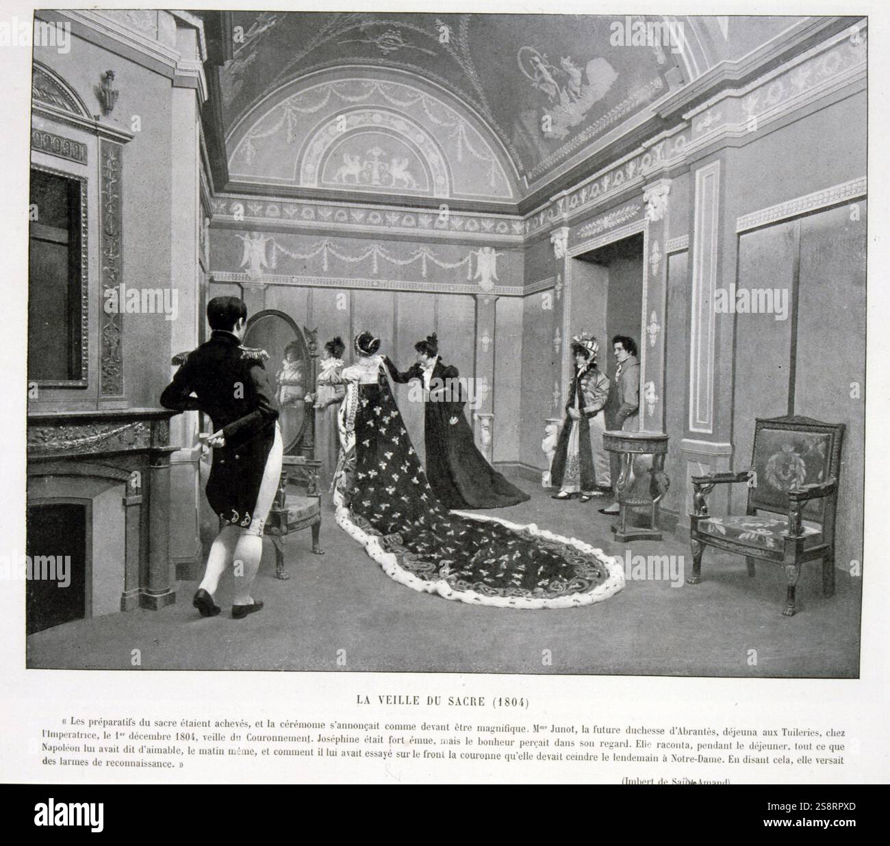 Esposizione Universelle (Fiera Mondiale) Parigi, 1900; l'esposizione Universelle del 1900, meglio conosciuta in inglese come esposizione di Parigi del 1900, è stata una fiera mondiale che si è tenuta a Parigi, in Francia, dal 14 aprile al 12 novembre 1900, per celebrare i risultati del secolo scorso e accelerare lo sviluppo nel prossimo. Lo stile che era universalmente presente nell'esposizione era Art Nouveau. La fiera, visitata da quasi 50 milioni di persone, ha presentato molte innovazioni tecnologiche; stampa in bianco e nero di una scena in preparazione all'incoronazione di Napoleone nel 1804. Foto Stock Esposizione Universelle (Fiera Mondiale) Parigi, 1900; l'esposizione Universelle del 1900, meglio conosciuta in inglese come esposizione di Parigi del 1900, è stata una fiera mondiale che si è tenuta a Parigi, in Francia, dal 14 aprile al 12 novembre 1900, per celebrare i risultati del secolo scorso e accelerare lo sviluppo nel prossimo. Lo stile che era universalmente presente nell'esposizione era Art Nouveau. La fiera, visitata da quasi 50 milioni di persone, ha presentato molte innovazioni tecnologiche; stampa in bianco e nero di una scena in preparazione all'incoronazione di Napoleone nel 1804. Foto Stock