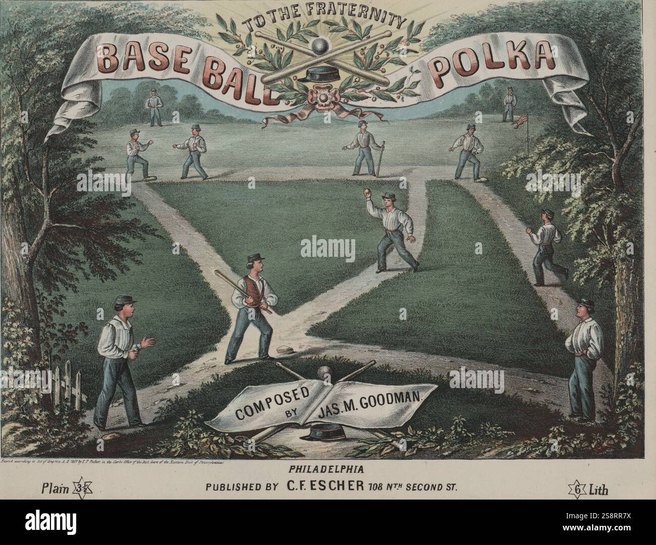 Base Ball Polka, di Charles F. Escher nel 1867. Copertina spartito che mostra una partita di baseball in corso con il lanciatore in procinto di lanciare la palla, i corridori base sono spenti, un giocatore al punto di arresto sta tenendo una mazza da baseball, e due giocatori alla terza base stanno per impegnarsi in un pugno di combattimento Foto Stock