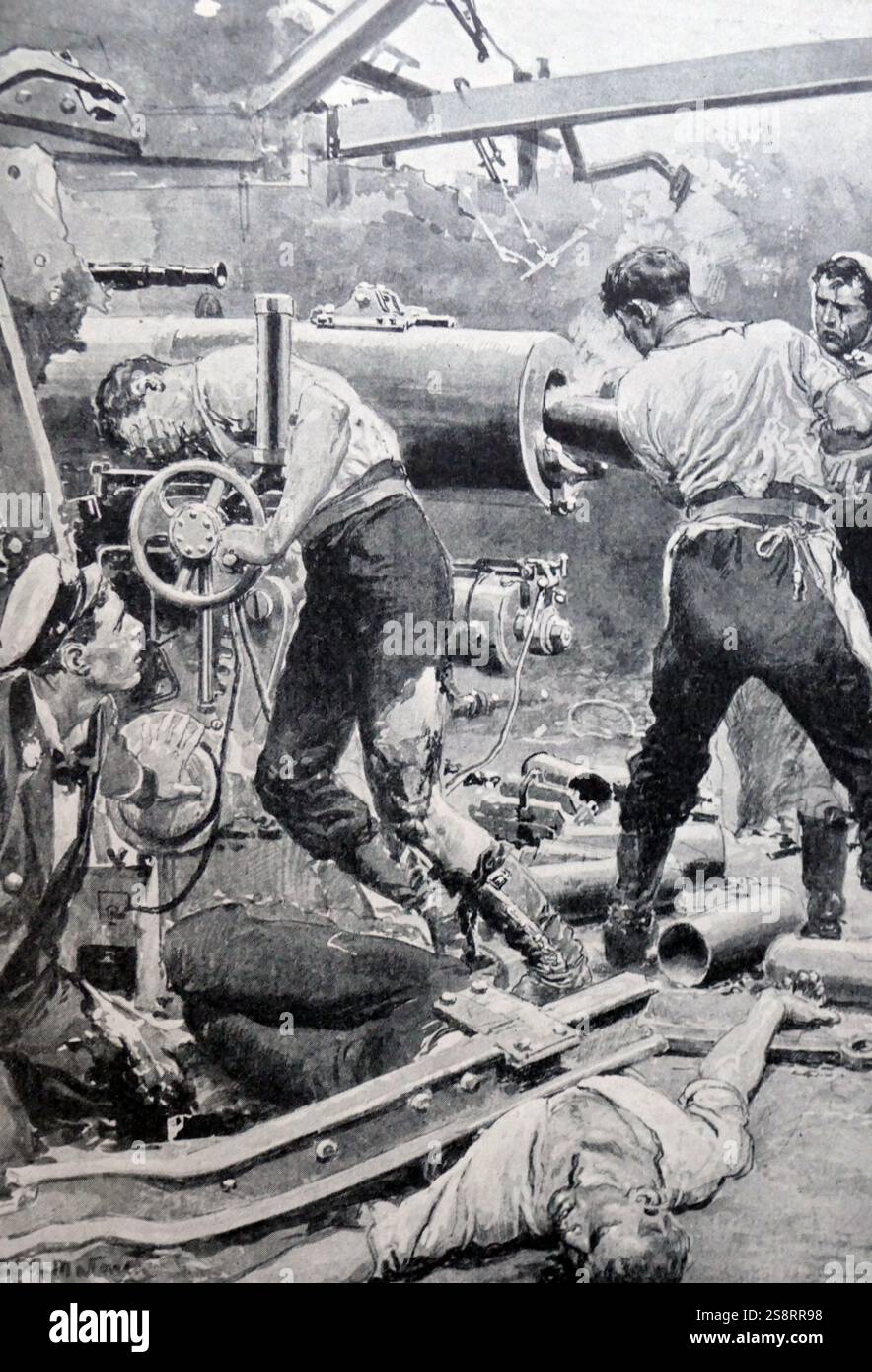 Servire le pistole allo Jutland. La battaglia dello Jutland fu una battaglia navale combattuta tra la Grand Fleet della Royal Navy britannica, sotto l'ammiraglio Sir John Jellicoe, e la Hochseeflotte della Marina imperiale tedesca, sotto il viceammiraglio Reinhard Scheer, durante la prima guerra mondiale Foto Stock