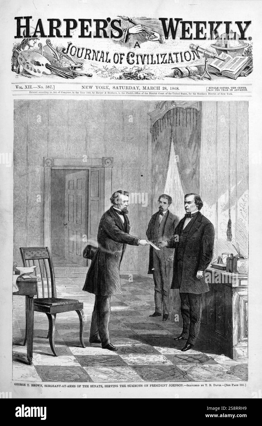 George T. Brown, sergente d'armi, al servizio della convocazione del presidente Johnson, disegnato da T.R. Davis, sulla prima pagina di Harper's Weekly Foto Stock