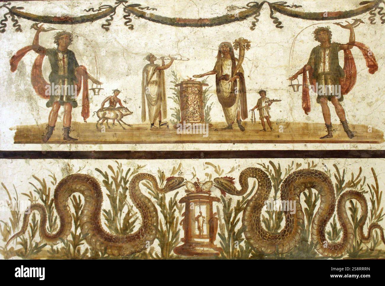 Mosaico da Pompei, Napoli, Italia. Pompei era un'antica città situata in quello che oggi è il comune di Pompei vicino a Napoli nella regione Campania d'Italia. Pompei, insieme a Ercolano e a molte ville nell'area circostante (ad esempio a Boscoreale, Stabiae), fu sepolta sotto 4 - 6 m di cenere vulcanica e pomice durante l'eruzione del Vesuvio nel 79 d.C. Foto Stock