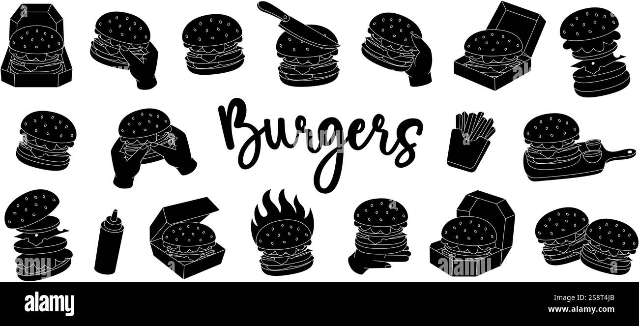 Set di hamburger nero. Hamburger di manzo, hamburger, hamburger vegetariano, cheeseburger. Fast food americano tradizionale. Illustrazione vettoriale. Illustrazione Vettoriale