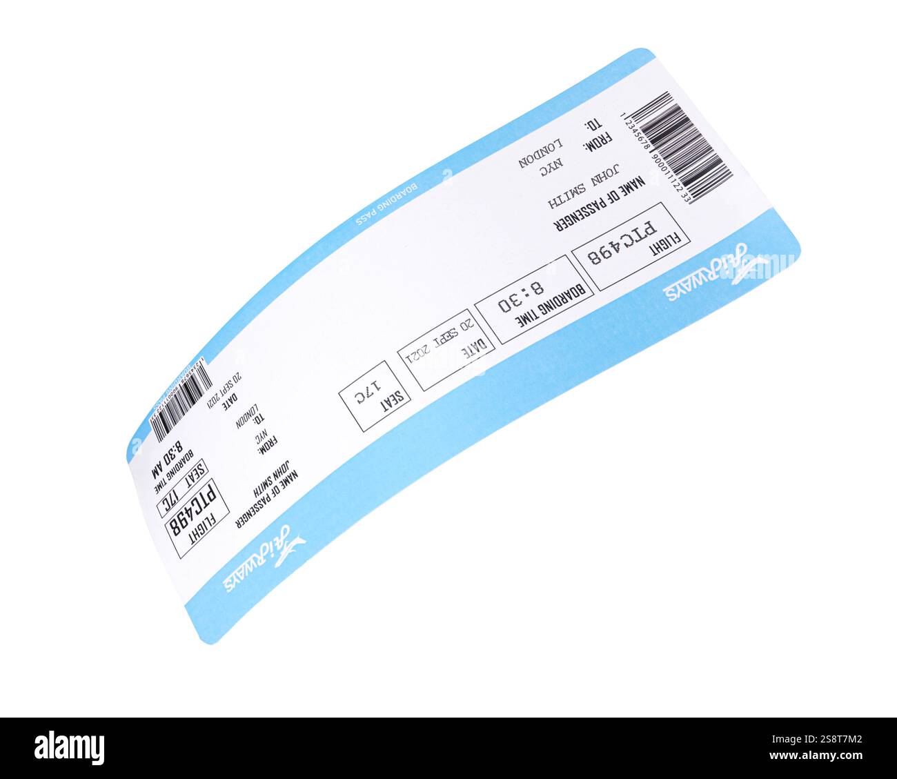 Un biglietto aereo isolato sul bianco. Viaggi all'estero Foto Stock