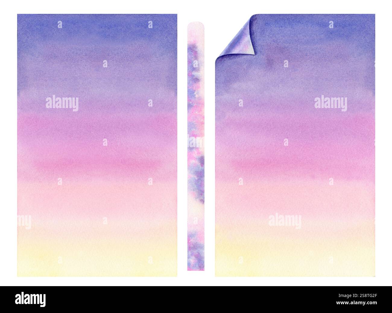 Sfondo astratto viola blu rosa giallo. Sfumatura morbida verticale sfocata dall'alto verso il basso dell'immagine. Modello ad acquerello del sole luminoso Foto Stock