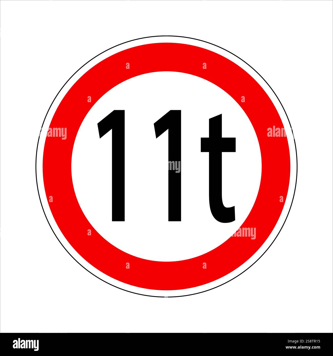 Cartello rotondo con il numero 11 e la lettera t, indicante un limite di peso per i veicoli in transito Illustrazione Vettoriale
