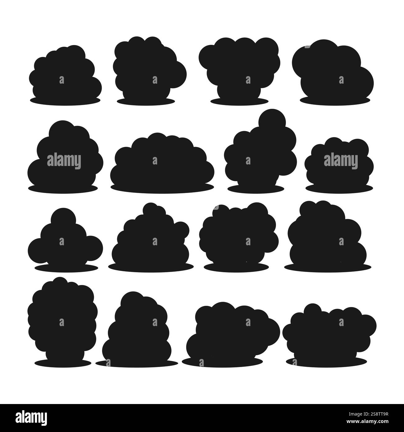 Set di sedici diverse sagome scure di cespugli di cartoni animati isolati su sfondo bianco. Illustrazione vettoriale Illustrazione Vettoriale