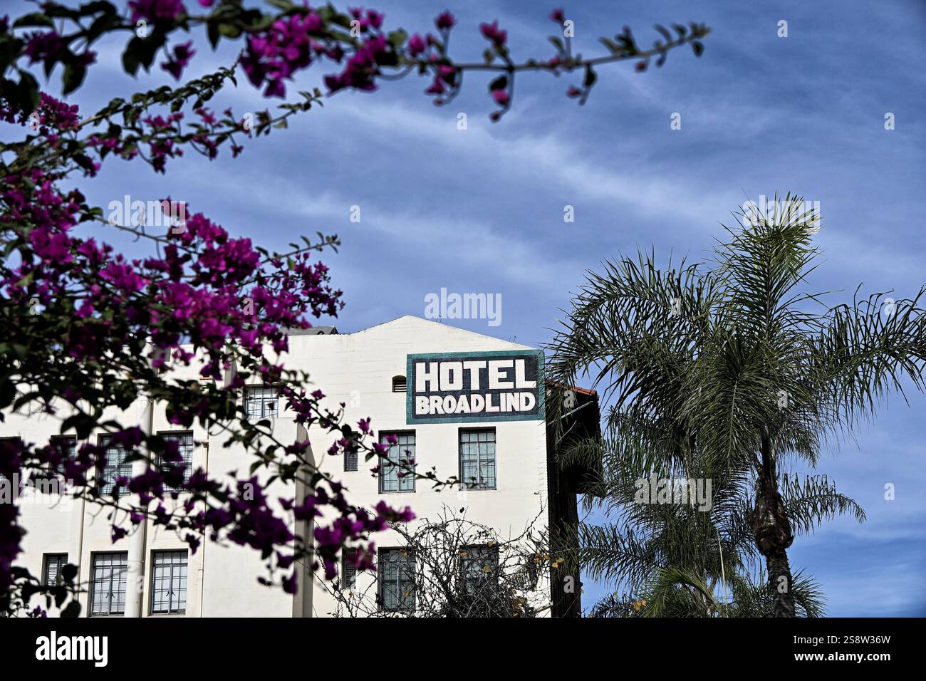 LONG BEACH, CALIFORNIA - 22 GENNAIO 2025: L'insegna dell'Hotel Broadlind incorniciata da fiori e alberi, un punto di riferimento storico di Long Beach, situato nell'East Vill Foto Stock