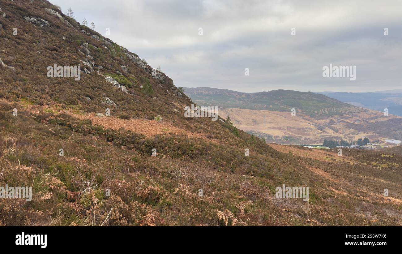 Dun Coillich Hill e glen intorno a Glengoulandie nelle Highlands scozzesi. Perthshire. Vista sulla campagna scozzese e sulle montagne con l'erica - Immagine stock catturata con smartphone