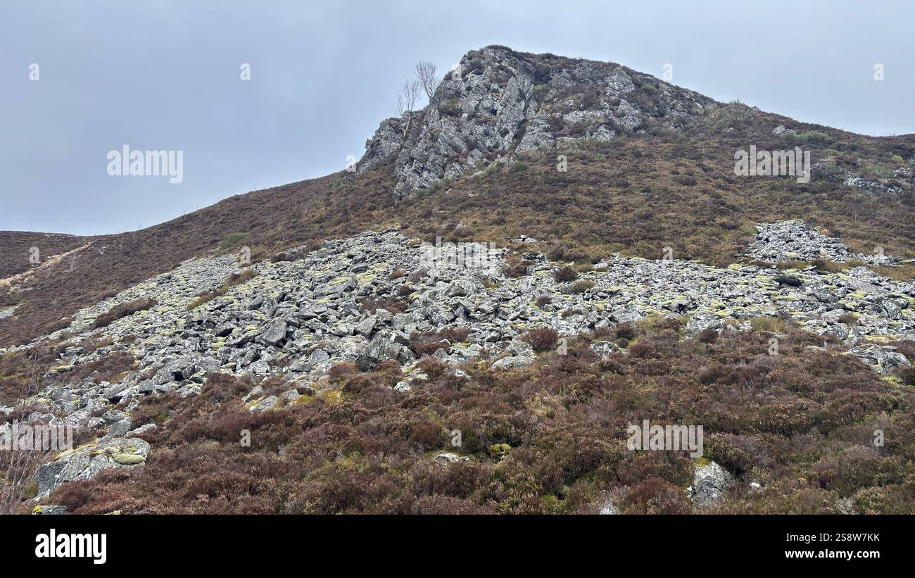 Dun Coillich Hill e glen intorno a Glengoulandie nelle Highlands scozzesi. Perthshire. Vista sulla campagna scozzese e sulle montagne con l'erica - Immagine stock catturata con smartphone