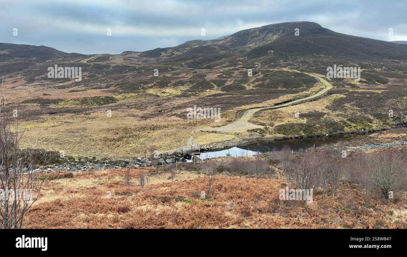 Dun Coillich Hill e glen intorno a Glengoulandie nelle Highlands scozzesi. Perthshire. Vista sulla campagna scozzese e sulle montagne con l'erica - Immagine stock catturata con smartphone