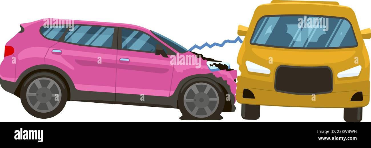 Due auto coinvolte in un incidente stradale, un SUV rosa che si schianta contro un'auto gialla, causando danni visibili a entrambi i veicoli, illustrando una collisione stradale Illustrazione Vettoriale