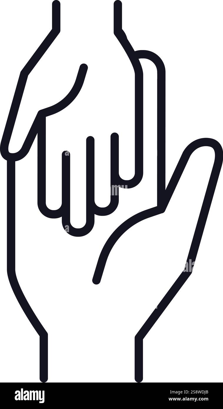 Icona minimalista della linea vettoriale di due mani che si tengono l'una con l'altra, simboleggia l'amore, l'affetto, il sostegno, la gentilezza, aiuto, solidarietà ed empatia Illustrazione Vettoriale