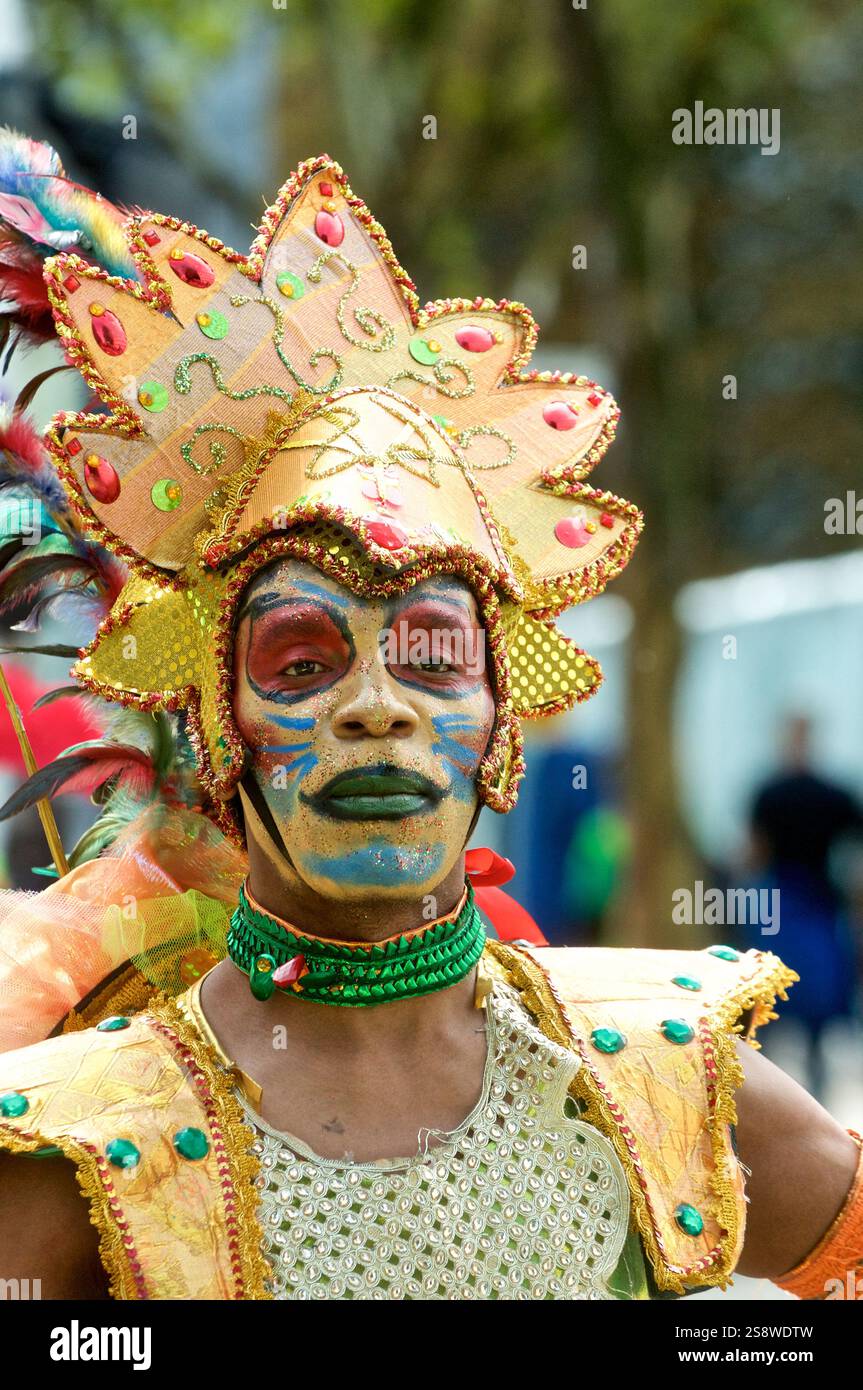 Ritratto di un artista di carnevale in un brillante costume d'oro e copricapo piumato durante una sfilata di strada, pieno di colori, cultura ed energia gioiosa Foto Stock