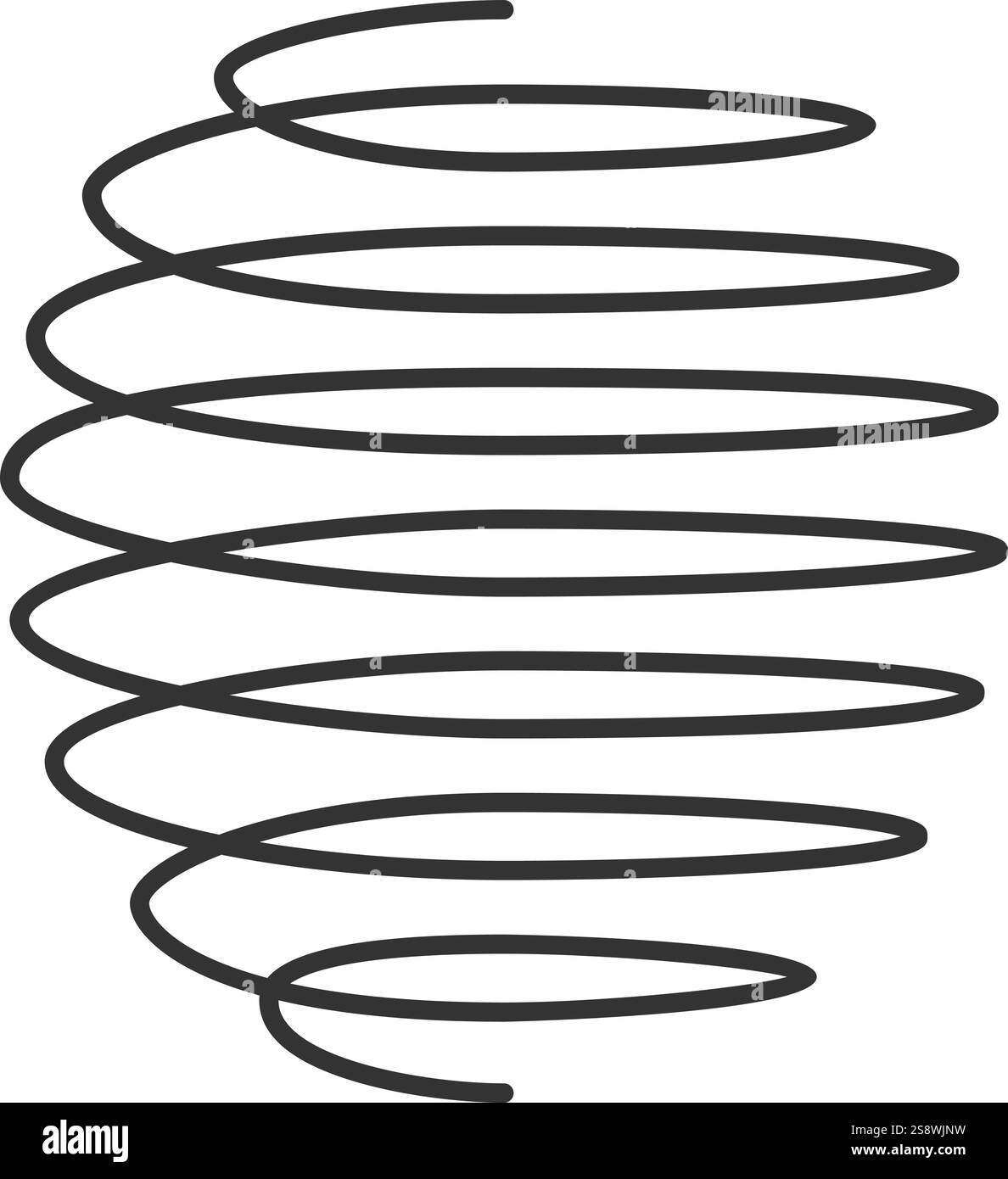 Molla a spirale in metallo, bobine metalliche, segnale a spirale per macchine motorizzate, molle in filo metallico e bobine flessibili curve in acciaio, silhouette a spirale lineare isolata Illustrazione Vettoriale