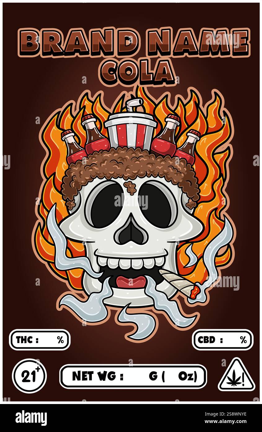 Cartoon Cola su Skull Head, fumando e bruciando gli sfondi del fuoco. Per il coperchio di imballaggio del prodotto. Illustrazioni dei vettori Illustrazione Vettoriale