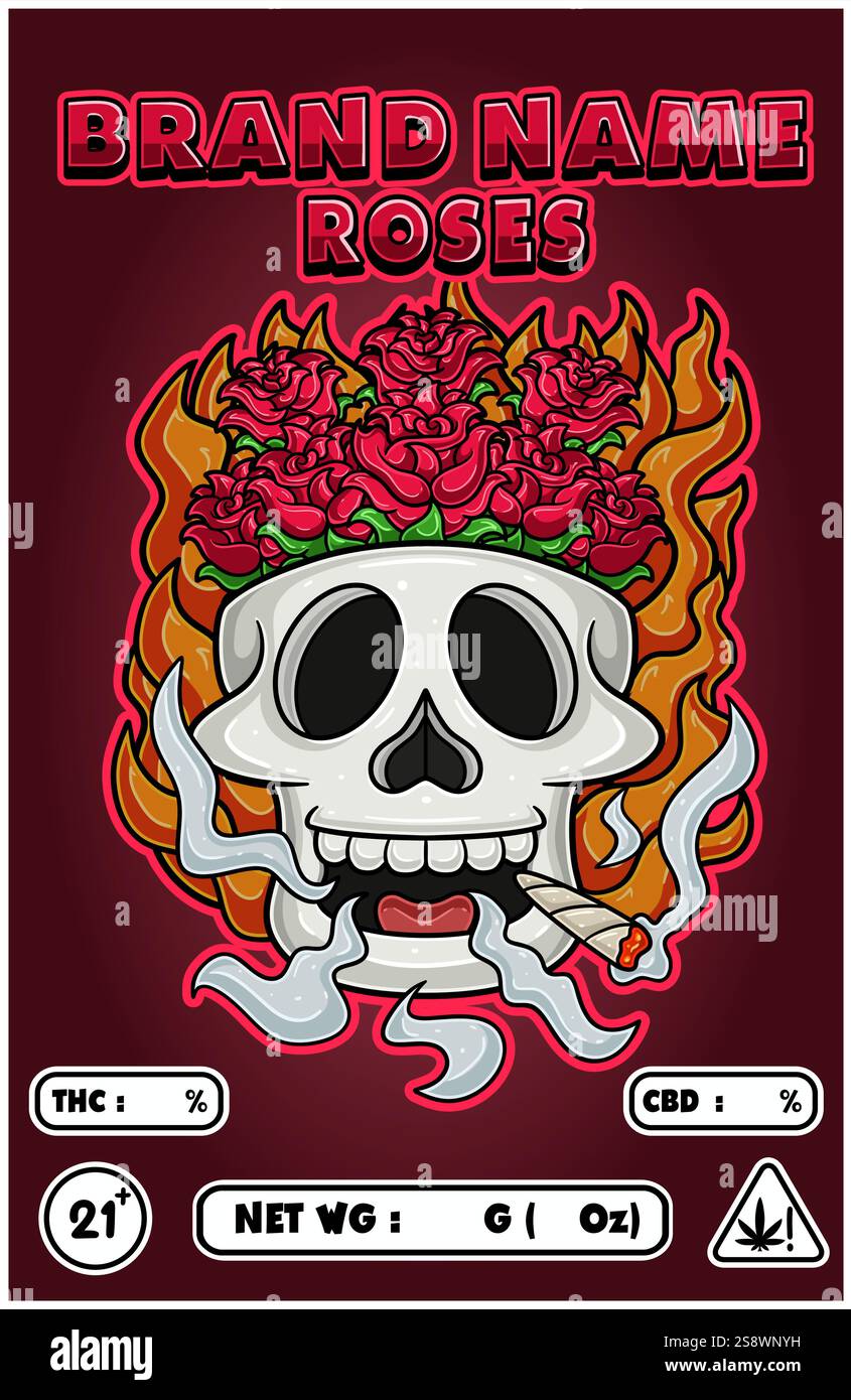 Cartoon Rose on Skull Head Smoking and Burning Fire Backgrounds. Per il coperchio di imballaggio del prodotto. Illustrazioni dei vettori Illustrazione Vettoriale
