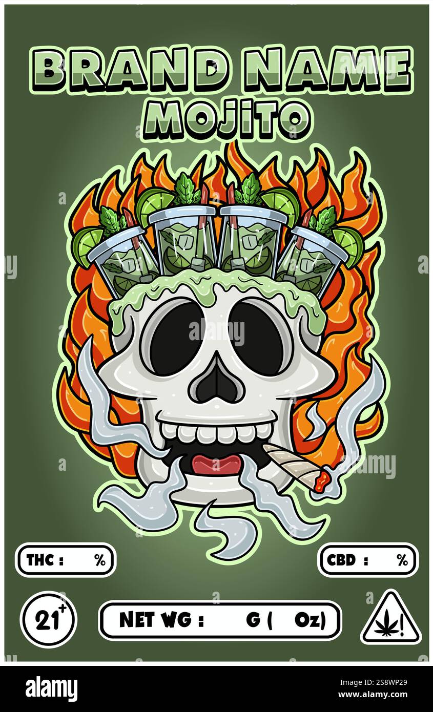 Cartone animato Mojito su Skull Head Smoking and Burning Fire Backgrounds. Per il coperchio di imballaggio del prodotto. Illustrazioni dei vettori Illustrazione Vettoriale