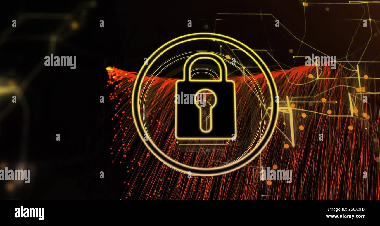 Simbolo di blocco con linee circolari, immagine di sicurezza dei dati su sfondo digitale astratto Foto Stock