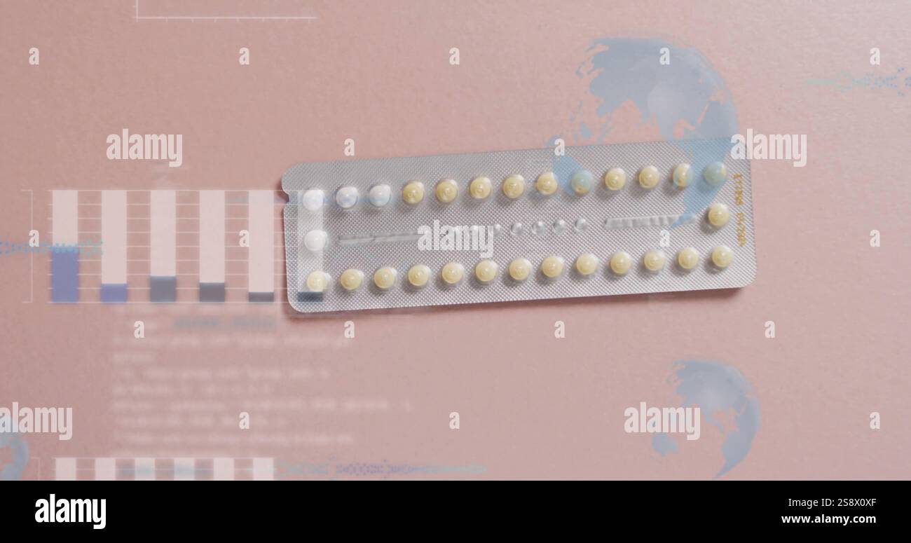 Immagine di diagrammi con globi e pillole sequenziali su sfondo rosa Foto Stock