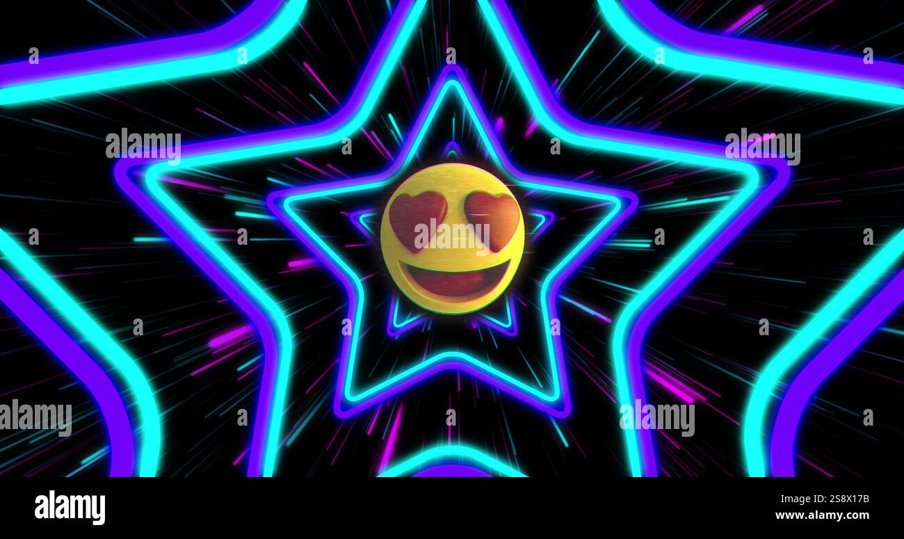 Immagine emoji Heart Eyes su forme di stelle al neon su sfondo nero Foto Stock