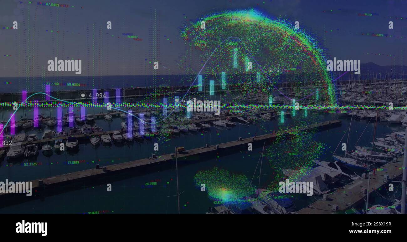 Immagine dell'elaborazione dei dati finanziari sul porto marittimo e sul globo Foto Stock