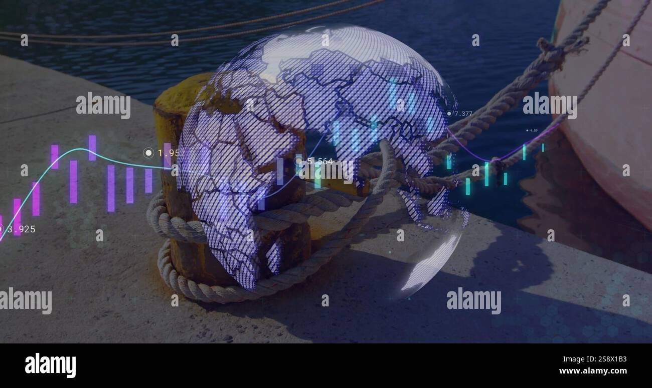 Immagine dell'elaborazione dei dati finanziari sul porto marittimo e sul globo Foto Stock