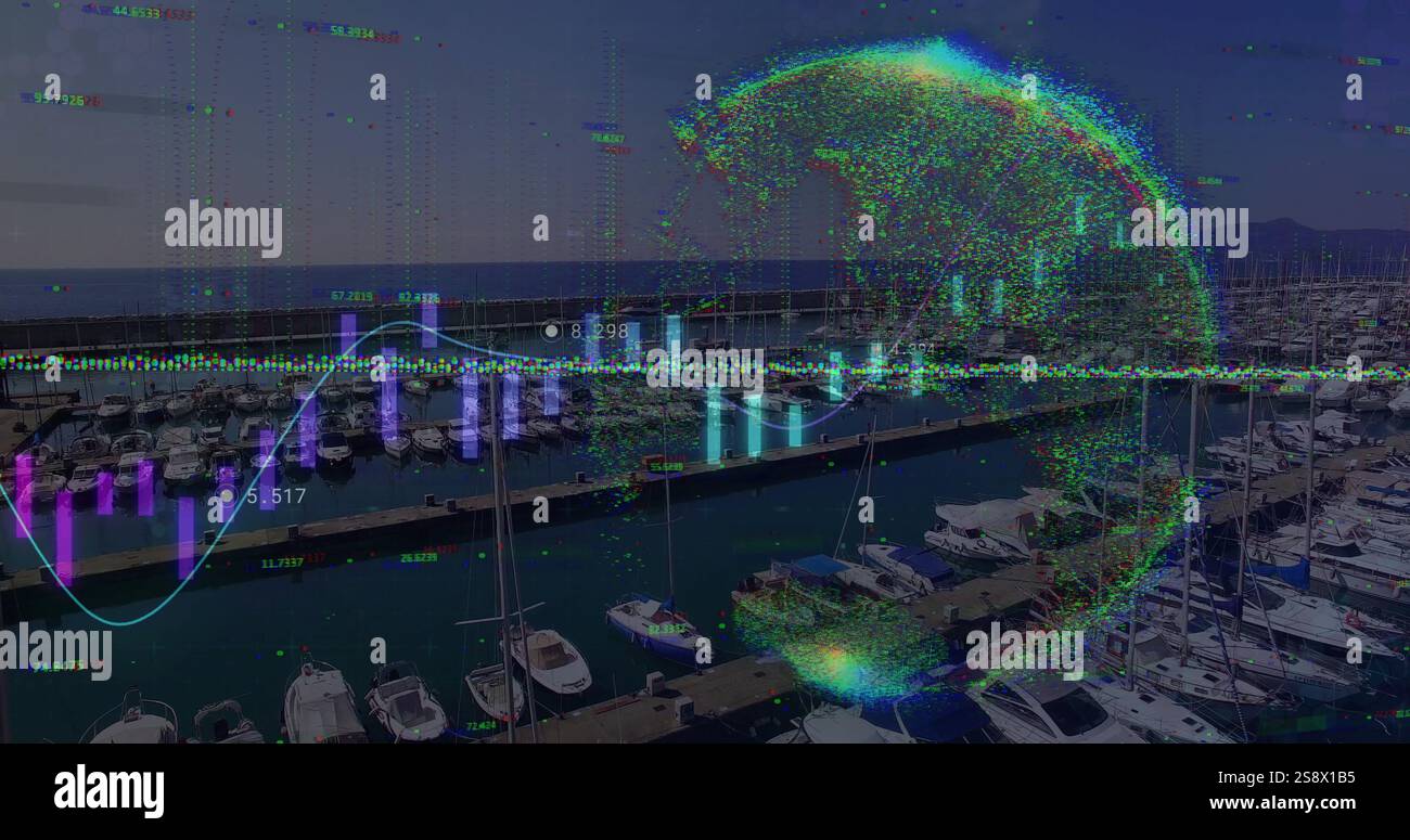 Immagine dell'elaborazione dei dati finanziari sul porto marittimo e sul globo Foto Stock