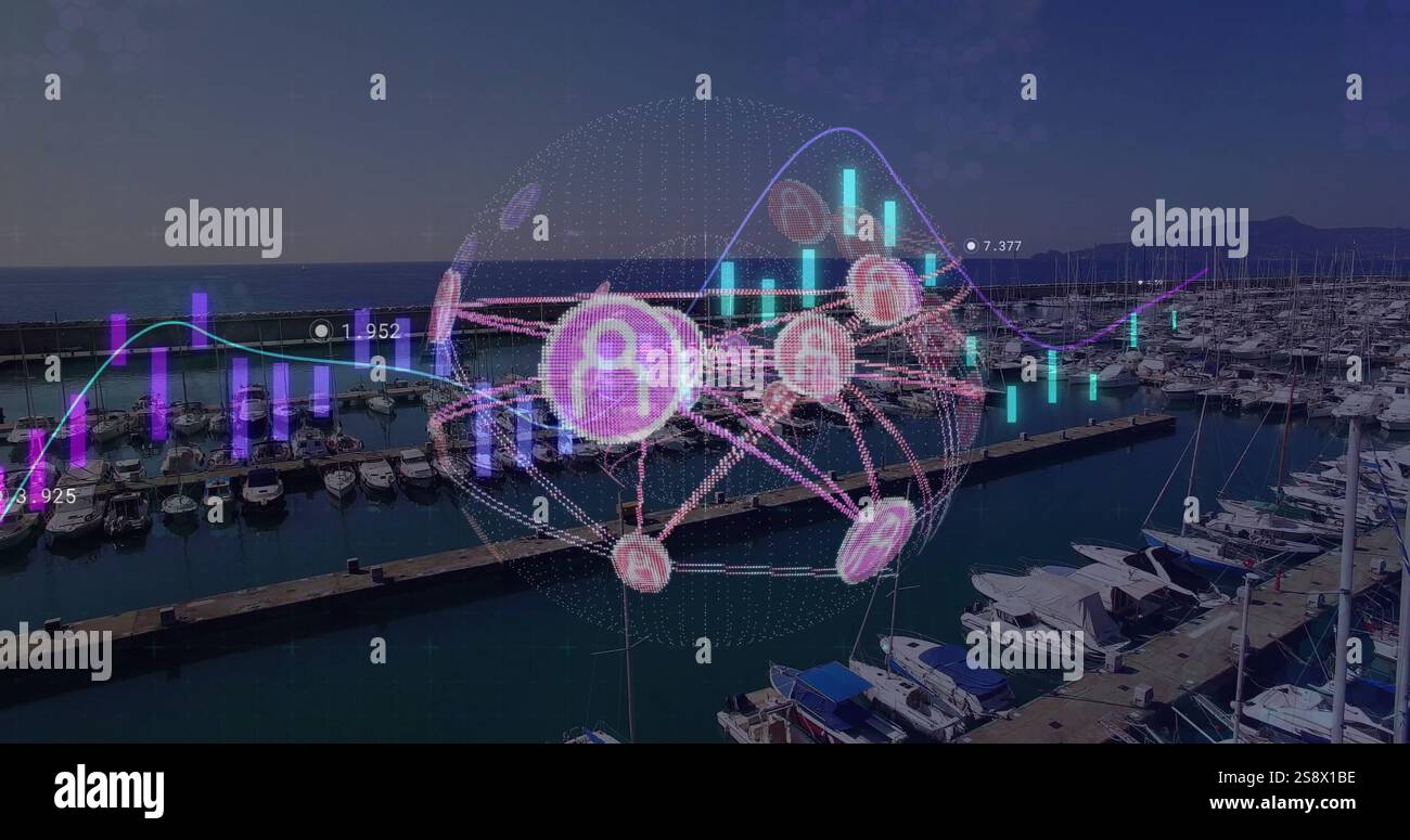 Immagine dell'elaborazione dei dati finanziari sul porto marittimo e sul globo Foto Stock