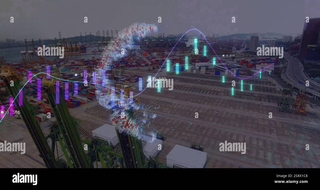 Immagine dell'elaborazione dei dati finanziari sul porto marittimo e sul globo Foto Stock