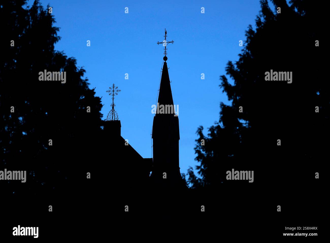 Ein Kreuz mit Wetterhahn steht auf dem Dach einer Kirche vor Abendhimmel. Der Kirchenaustritt ist die vom Bürger auf eigenen Wunsch veranlasste Beendigung der staatlich registrierten Mitgliedschaft in einer Kirche. Themenbild, Symbolbild Frechen, 23.01.2025 NRW Deutschland *** Una croce con un rubinetto si erge sul tetto di una chiesa contro il cielo serale lasciando la chiesa è la fine dell'appartenenza statale a una chiesa su richiesta dei cittadini immagine a tema, immagine simbolica Frechen, 23 01 2025 NRW Germania Copyright: XChristophxHardtx Foto Stock