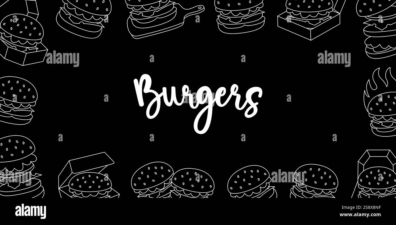 Banner orizzontale Burger. Hamburger di manzo, hamburger, hamburger vegetariano, cheeseburger. Illustrazione vettoriale. Illustrazione Vettoriale