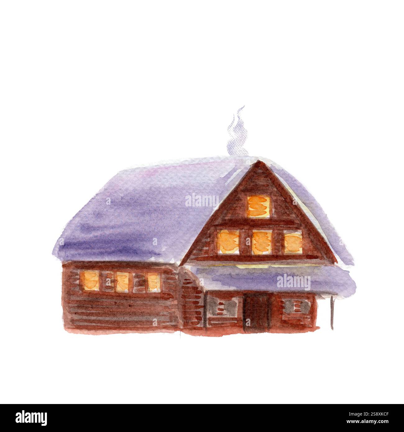 Casa in legno con neve sul tetto e fumo isolato su sfondo bianco. Illustrazione ad acquerello con architettura di alta qualità perfetta per le schede, come Foto Stock