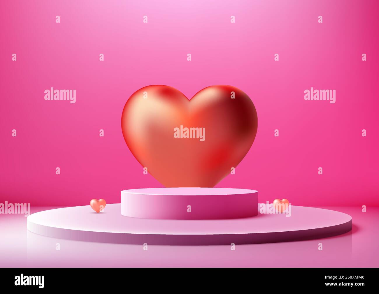 Scena romantica 3D di San Valentino con un cuore rosso lucido su una piattaforma rosa e bianca, con cuori più piccoli e sullo sfondo rosa vivace. Prod Illustrazione Vettoriale
