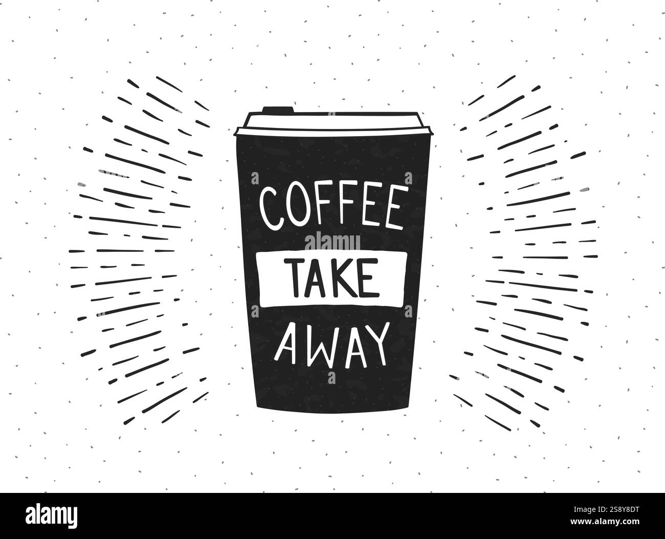 Tazza da caffè da asporto disegnata a mano su sfondo retrò con immagine Sunburst, vettoriale eps10 Illustrazione Vettoriale